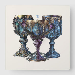 Create Your Own Gold Rimmed Blue Chalices Square Wall Clock