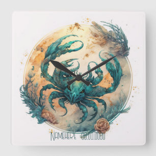 Create Your Own Gold & Teal Mystical Cancer Zodiac Square Wall Clock