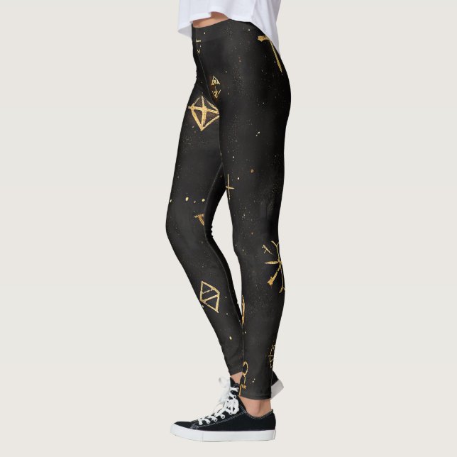 Create Your Own Gold Witchy Symbols Black Leggings (Left)