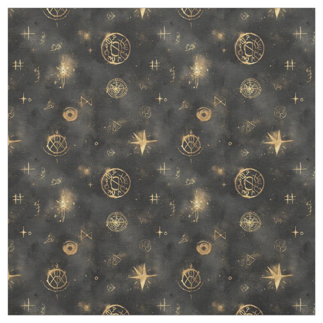 Create Your Own Gold Wizardry Symbols Black Fabric (Swatch)