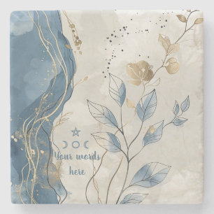 Create Your Own Golden Blue Wavy Floral Minimilist Stone Coaster