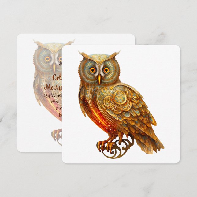 Create Your Own Golden Steampunk Owl Invitation (Front/Back)