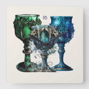 Create Your Own Gothic Blue & Green Chalices Square Wall Clock