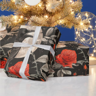 Create Your Own Gothic Full Moon Raven Red Roses Wrapping Paper