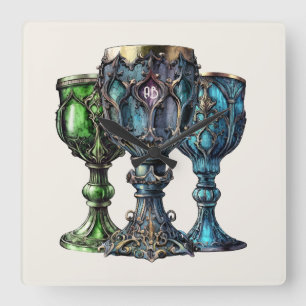 Create Your Own Gothic Green & Blue Chalices Square Wall Clock