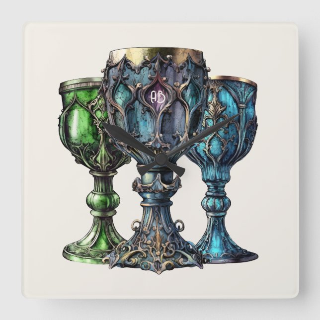 Create Your Own Gothic Green & Blue Chalices Square Wall Clock (Front)
