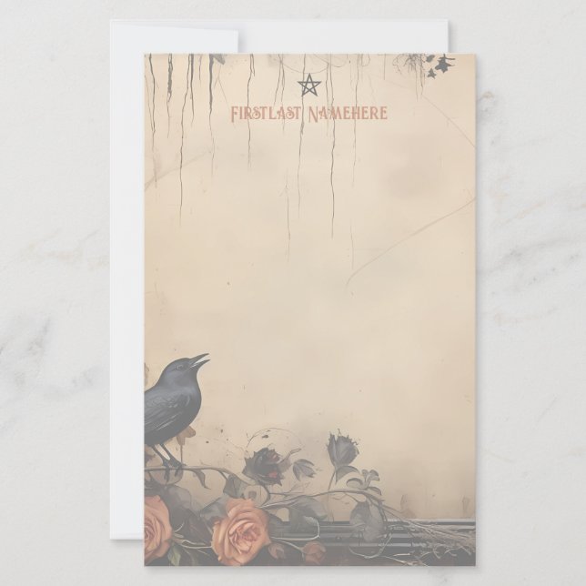 Create Your Own Gothic Raven Peach Rose Stationery (Front)