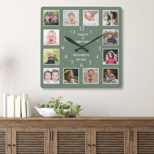 Create Your Own Green 12 Photo Collage Frame Square Wall Clock