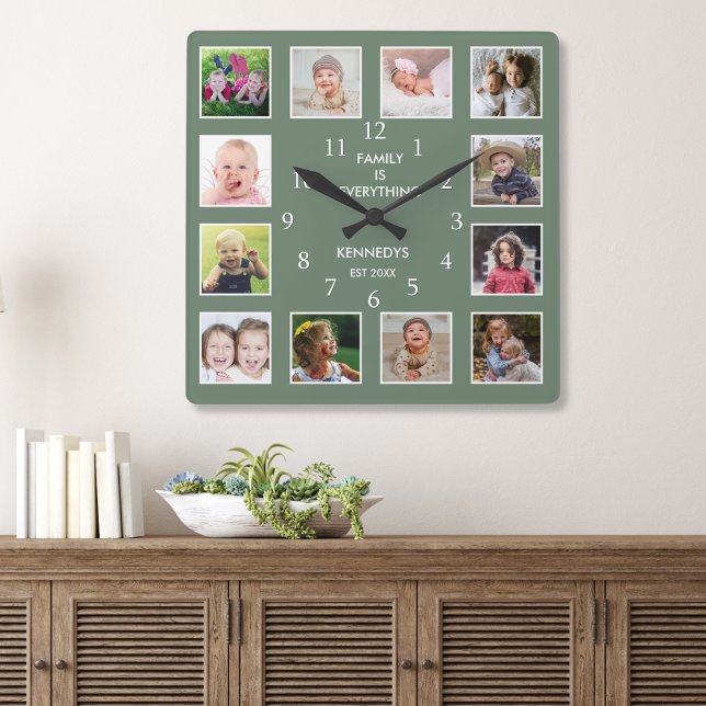 Create Your Own Green 12 Photo Collage Frame   Square Wall Clock (Creator Uploaded)