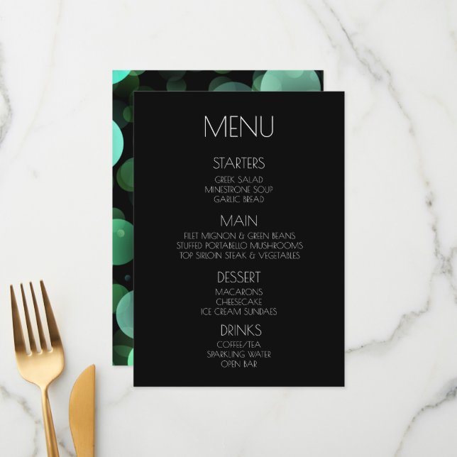 Create Your Own - Green Bokeh Bubbles Menu (Front/Back In Situ)