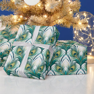 Create Your Own Green Gold Peacock Feathers Wrapping Paper