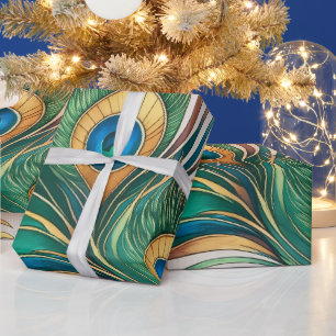 Create Your Own Green Peacock Feathers Wrapping Paper