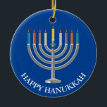 Create Your Own Hanukkah Menorah Ceramic Tree Decoration<br><div class="desc">Create Your Own Hanukkah Menorah Ceramic Ornament. Menorah with nine candles and star of David on a blue festival of lights background on the front and back of the ornament. Happy holiday greetings and name of the family on the back. Place your own text, as desired. Choose the shape of...</div>