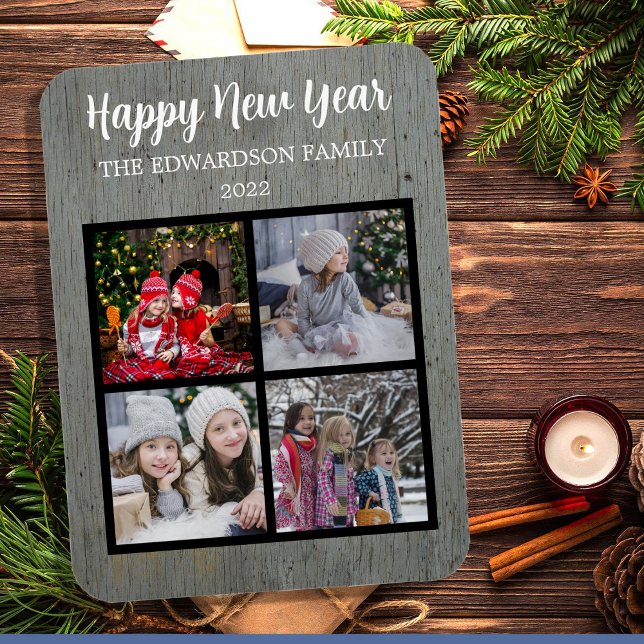 Create your own Happy new year family photo Magnet (Create your own Happy new year family photo flexible magnet. Add your own photos, text, name, year.)