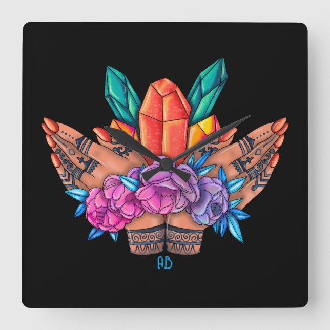 Create Your Own Henna Hands Crystals & Roses Square Wall Clock (Front)