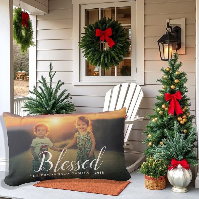 Create your own holidays Blessed photo outdoor Lumbar Cushion (Create your own holidays Blessed photo outdoor Lumbar Pillow. Pretty pillow to decorate your porch.)