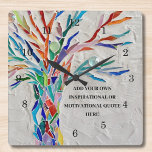 Create Your Own Inspirational/Motivational Quote Square Wall Clock<br><div class="desc">This unique Wall Clock is decorated with a colourful mosaic Tree of Life design.
Add your chosen quote to personalise it. 
Click Customise Further to edit font,  font size and font colour.
Original Mosaic © Michele Davies.</div>