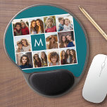 Create Your Own Instagram Collage Custom Monogram Gel Mouse Mat<br><div class="desc">Teal Blue and White - Use 11 square photos to create a unique and personal gift. Or you can keep the hipster puppy and make a trendy keepsake. If you need to adjust the pictures,  click on the customise tool to make changes.</div>