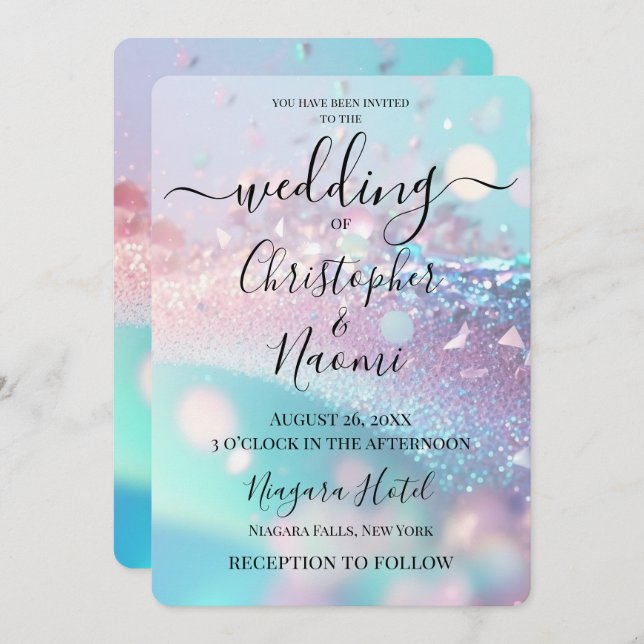 Create Your Own Iridescent Pink & Cyan Wedding Invitation (Front/Back)