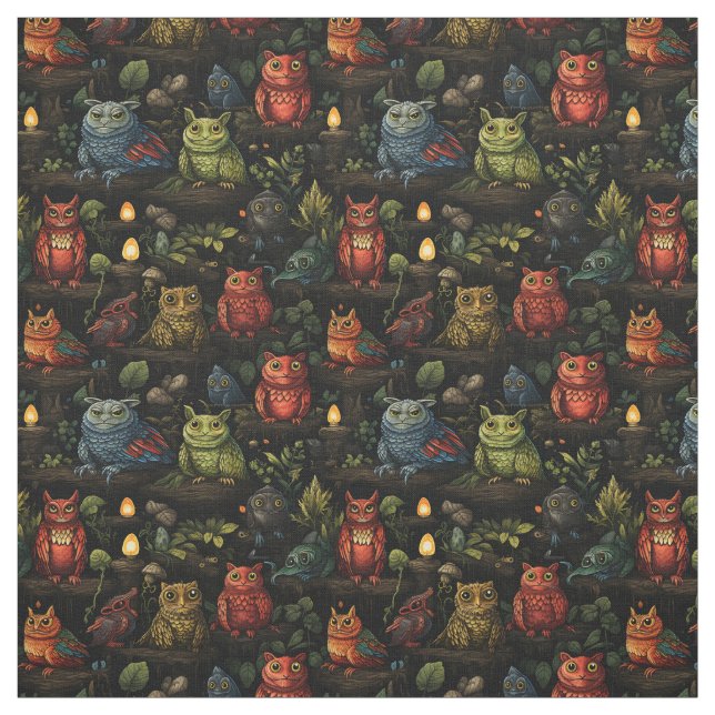 Create Your Own Kooky Wild Goblins Owls Black Fabric (Swatch)