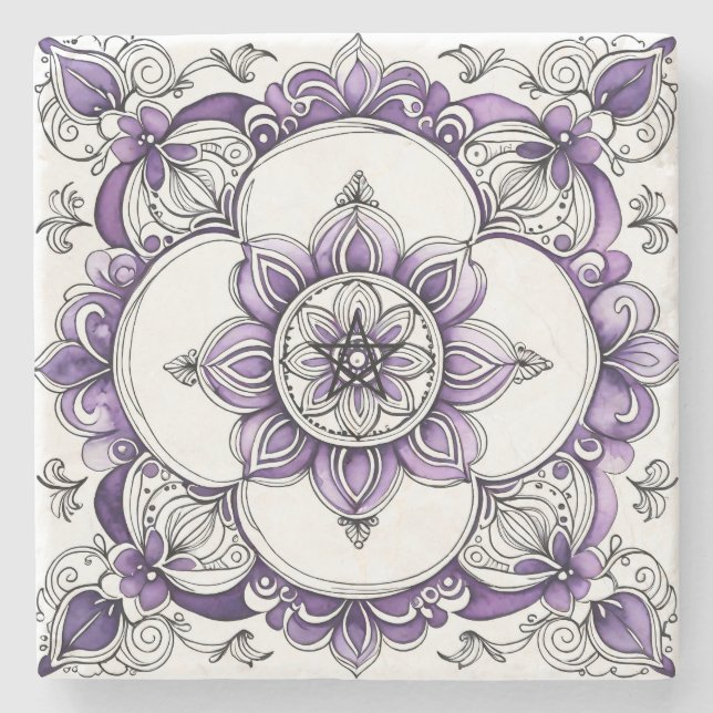 Create Your Own Lavender Purple Flower Mandala Stone Coaster (Front)