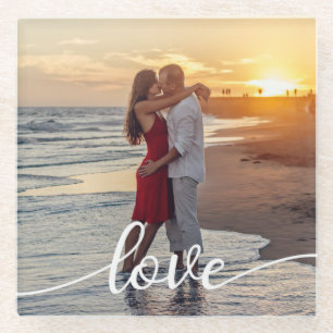 Create Your Own Love Script Romantic Couple Photo Glass Coaster