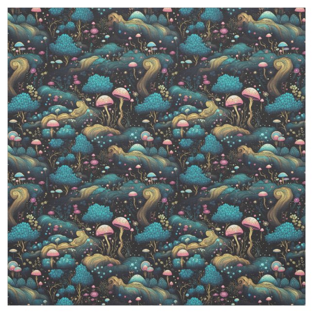 Create Your Own Magic Forest Pink Mushrooms Black Fabric (Swatch)