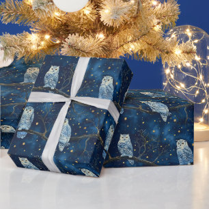 Create Your Own Magical Blue Gold Snow Owls Wrapping Paper