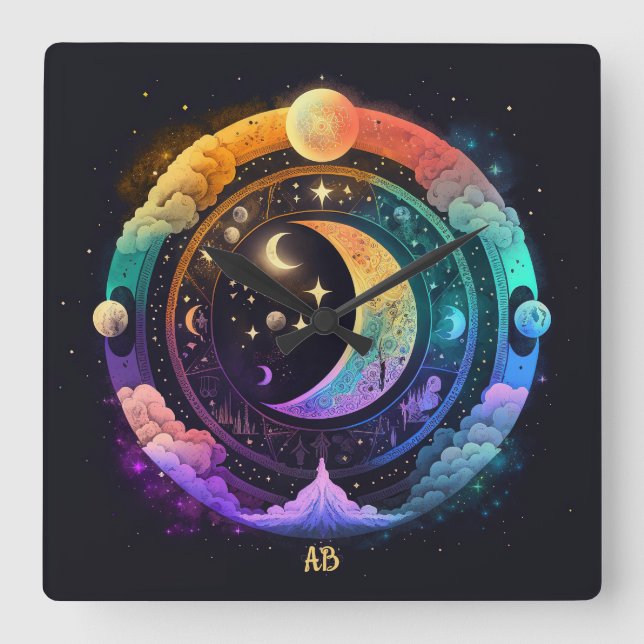 Create Your Own Magical Rainbow Moons Square Wall Clock (Front)