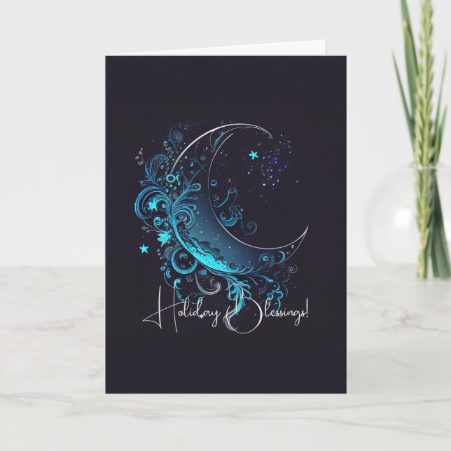 Create Your Own Magical Silver & Blue Moon Holiday Card (Front)