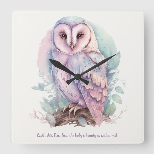 Create Your Own Magical Spring Owl Square Wall Clock (Front)