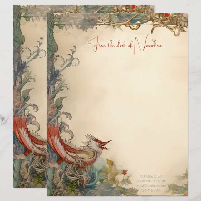 Create Your Own Mediaeval Fantasy Bird Stationery Custom Letterhead (Front/Back)