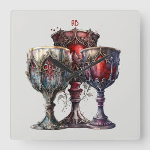 Create Your Own Mediaeval Red Gothic Chalices Square Wall Clock