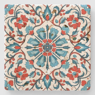 Create Your Own Mediterranean Scarlet Teal Floral Stone Coaster
