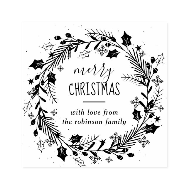 Create Your Own Merry Christmas Wreath Greeting Rubber Stamp (Imprint)