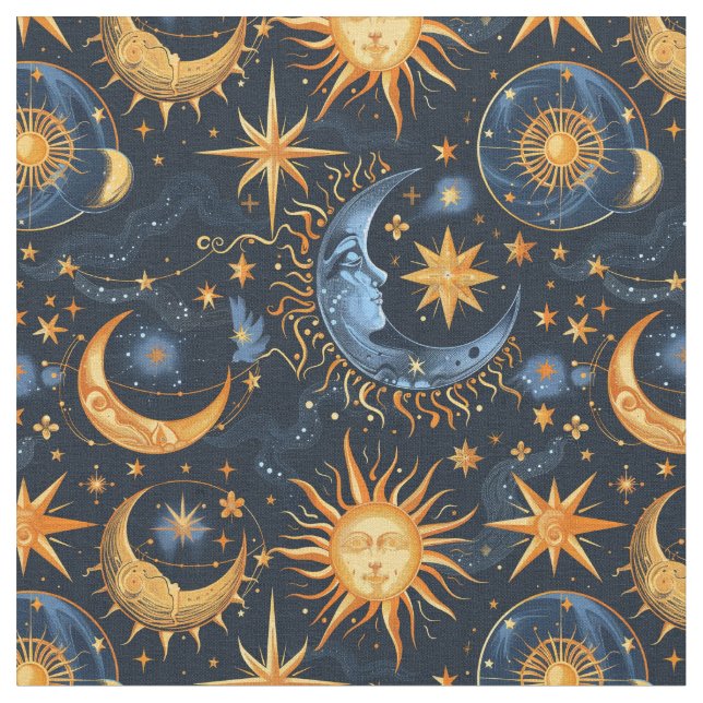 Create Your Own Midnight Blue & Gold Celestial Fabric (Close Up)