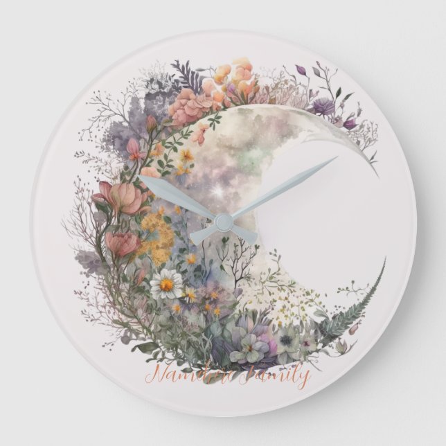 Create Your Own Misty Spring Floral Crescent Moon Large Clock (Front)