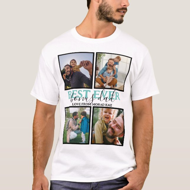 Create your own Modern Bonus Dad 4 Photo Collage T-Shirt (Front)
