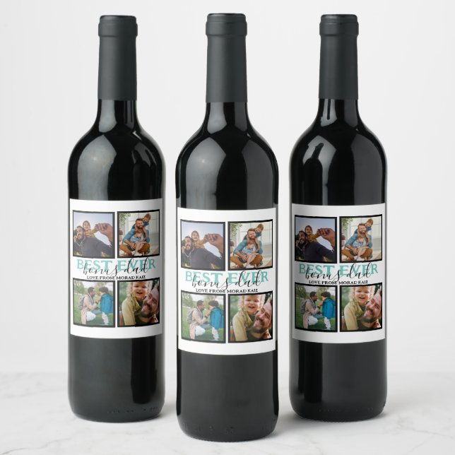 Create your own Modern Bonus Dad 4 Photo Collage  Wine Label (Bottles)