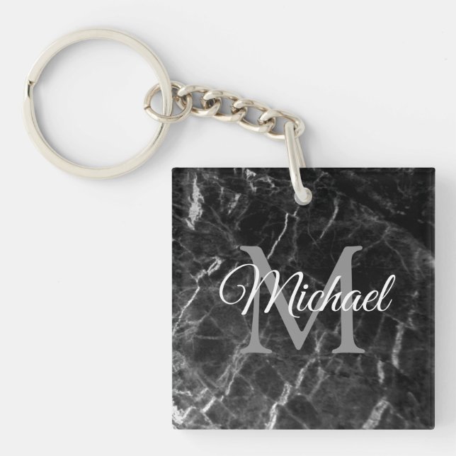 Create Your Own Monogram Black Marble Square Key Ring (Front)