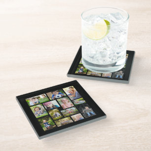Create Your Own Multi Photo Collage Black  Glass Coaster