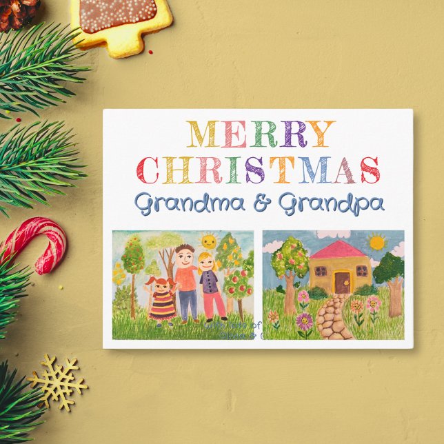 Create Your Own My Kid's Art Merry Christmas  Holiday Card (Create your own merry christmas cards for grandparents using your kid's art.)