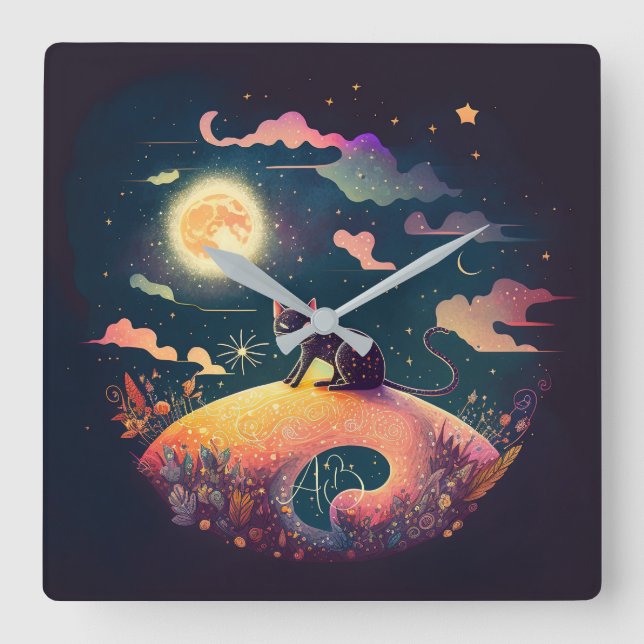 Create Your Own Mystical Black Cat Landscape Square Wall Clock (Front)