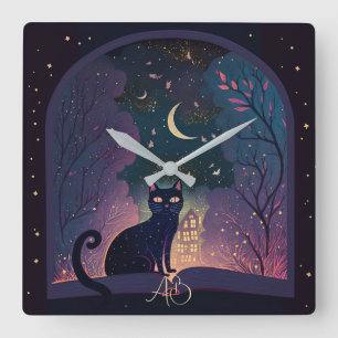 Create Your Own Mystical Black Cat Magic Window Square Wall Clock