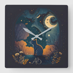 Create Your Own Mystical Black Cat Under Moon Square Wall Clock