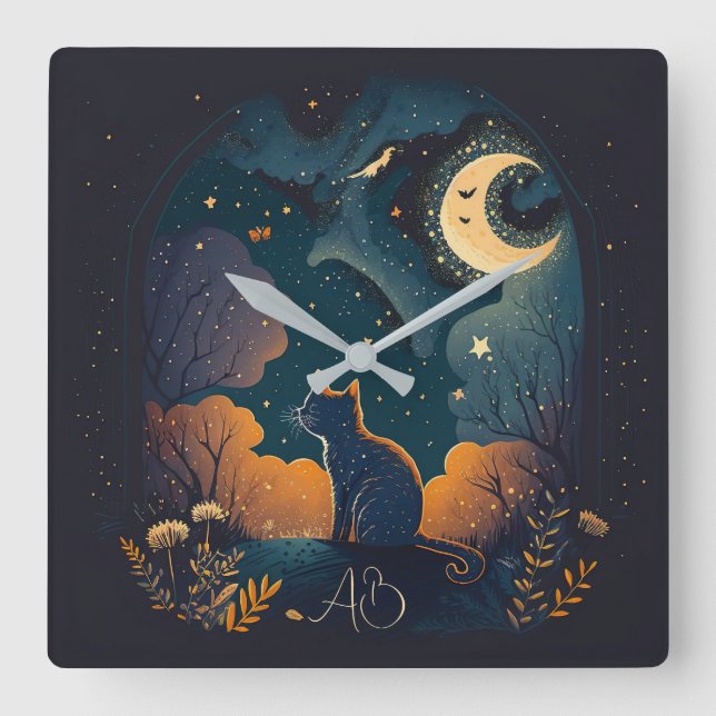 Create Your Own Mystical Black Cat Under Moon Square Wall Clock (Front)