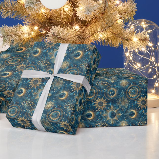 Create Your Own Mystical Blue & Gold Celestial Wrapping Paper (Holidays)