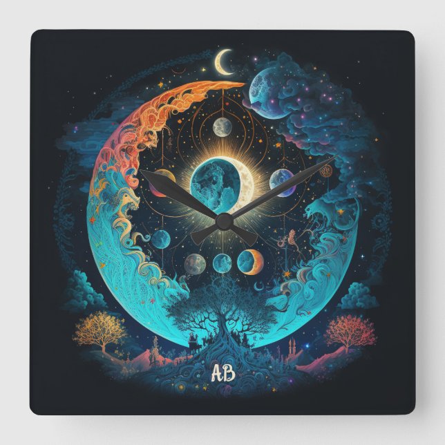 Create Your Own Mystical Blue Moon Forest Square Wall Clock (Front)
