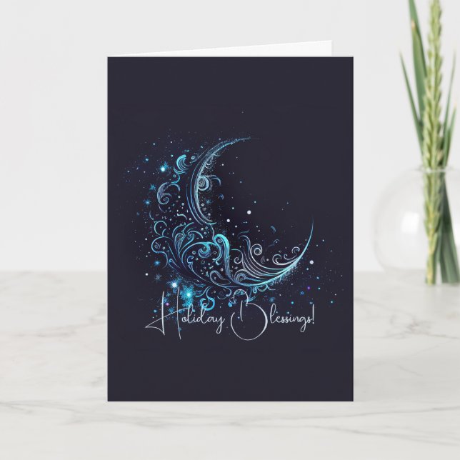 Create Your Own Mystical Blue & Silver Moon Holiday Card (Front)