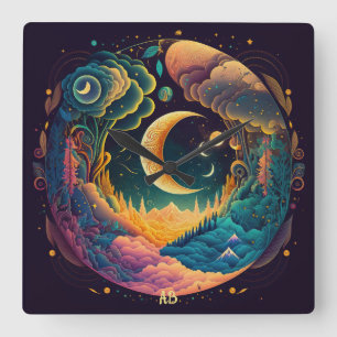 Create Your Own Mystical Crescent Moons Forest Square Wall Clock